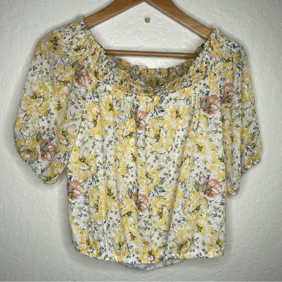 Joie Women's Yellow Floral Smocked Off Shoulder Chiffon Top M Cottagecore Boho - Picture 7 of 9